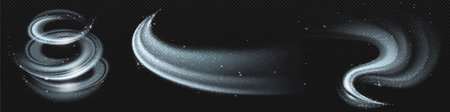 Realistic set of snow storm or wind swirls isolated on transparent background. Vector illustration of white spiral, wave, curve vortex effect. Symbol of fresh air, blizzard, magic power speed, tornadoのイラスト素材