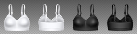 Realistic set of white black sports bra isolated on transparent background. Vector illustration of 3D womens underware collection for active lifestyle. Brassiere mockup front back view. Female fashionのイラスト素材