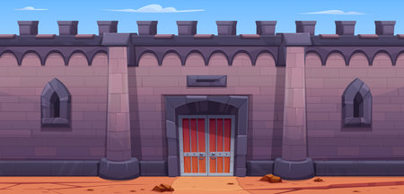 Medieval castle wall with gate vector background. Safe cartoon game brick fortress with closed door. Empty stone palace exterior with wood doorway. Royal fortification protection fairytale scene.のイラスト素材