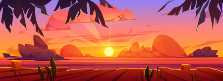 Beautiful sunset over sea view from wooden pier. Vector cartoon illustration of fantastic seascape with sun rising or going down on horizon, birds flying in sky, palm tree leaves. Vacation in paradiseのイラスト素材