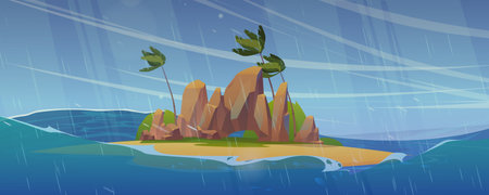 Small island in stormy sea. Vector cartoon illustration of uninhabited piece of land with rocks, palm trees surrounded by ocean water, huge waves and hurricane wind, heavy rainfall. Natural disasterのイラスト素材