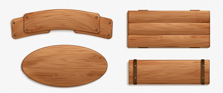 Wood texture game sign board vector realistic banner set. Isolated rustic farm ui icon interface design. Empty signboard plaque template with nail, collection for menu or message. Brown oval signageのイラスト素材