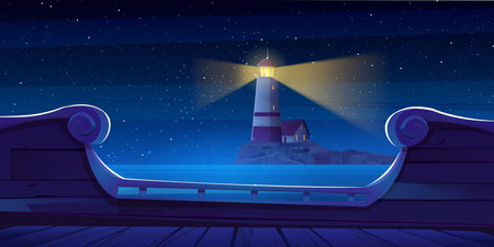 Sea night landscape with lighthouse on island, ship deck view. Cartoon vector background with house on rocky coast in ocean. Beacon building with light on harbor seascape under starry skyのイラスト素材