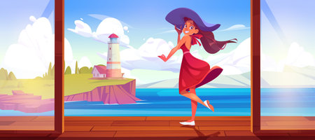 Girl on terrace with sea lighthouse view scene vector cartoon background. Ocean shore with cliff landscape. Female tourist in hotel on vacation. Peaceful rocky nature nautical horizon.のイラスト素材