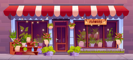 Flowers shop facade with window, door and cute plants in pots and vases. Empty city street with building exterior with floral boutique storefront, vector cartoon illustrationのイラスト素材