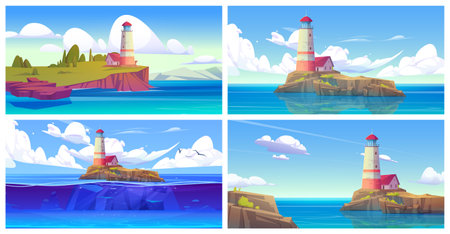 Cartoon set of seascape scenes with lighthouse on island. Vector illustration of nautical tower building on piece of rocky land with green trees and lawn under blue sky, white clouds, birds flyingのイラスト素材