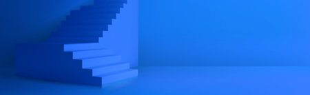 Background with 3d staircase. Empty stage, room or studio with blue stairs and walls in perspective view. Abstract interior mockup, vector realistic illustrationのイラスト素材