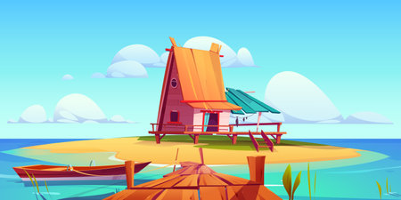 Cartoon scene with small house on island in ocean harbor. Vector illustration of shabby fisherman hut on stilts and sandy piece of land surrounded by sea water under sunny blue sky. Tropical landscapeのイラスト素材