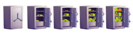 Open door safe box with money deposit vector set. Isolated cartoon safety locker with cash for game illustration on white background. Golden treasure secret storage. Png investment account protectionのイラスト素材