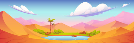 Desert landscape with oasis with palm trees, lake and grass. Egyptian Sahara scene with sand dunes, pond with blue water and green plants, vector cartoon illustrationのイラスト素材