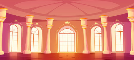 Ballroom interior in royal castle or palace. Medieval building room for balls, dance, wedding banquet with windows and columns in baroque style, vector cartoon illustrationのイラスト素材