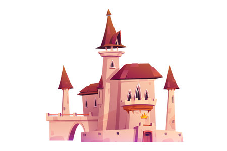 Magic princess palace, medieval royal castle with gold crown. Fantasy fairytale fortress with stone walls, wooden gates, arch and towers isolated on white background, vector cartoon illustrationのイラスト素材