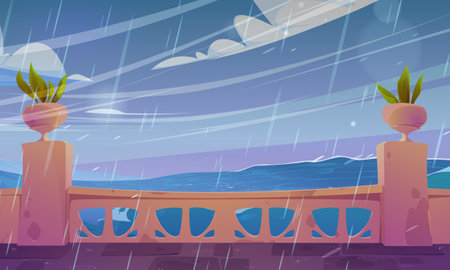 Hotel terrace empty view with stormy sea and rain. Summer vector bad windy weather background of indian palace balcony ocean landscape. Balustrade on ancient patio with green plant, baroque loungeのイラスト素材
