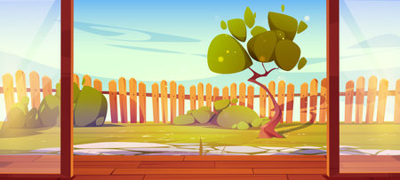 Cartoon backyard view from open glass door on wooden patio. Vector illustration of house porch, home garden with green grass and tree, stone footpath, wooden fence under blue sky. Summer barbecue areaのイラスト素材