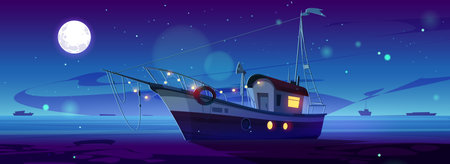 Cartoon yacht floating in night sea. Vector illustration of small fishing boat illuminated with garland, silhouettes of vessels on horizon, full moon shining bright in dark starry sky. Marine travelのイラスト素材