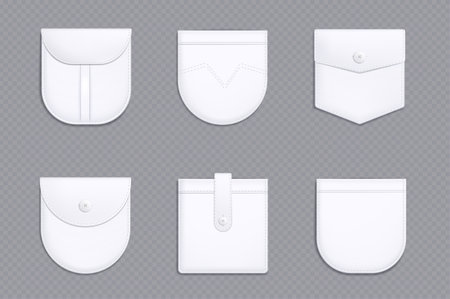 Realistic set of white pocket templates isolated on transparent background. Vector illustration of cloth or leather patches with buttons and stitches. Design elements for clothes, bags, jeans fashionのイラスト素材