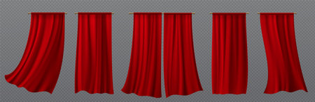 Isolated 3d red drapery cloth vector set. Flying from wind realistic silk curtain with drape. Luxury soft textile with wave and fold for theater show or event. Beautiful dynamic wavy velvet materialのイラスト素材