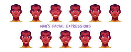 African American man facial expressions isolated on white background. Vector cartoon illustration of happy, smiling, sad, surprised, scared, angry, upset male face. Game character or avatar designのイラスト素材