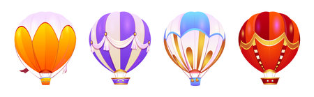 Cartoon set of hot air balloons isolated on white background. Vector illustration of colorful fantasy aerostats with baskets flying high in sky. Magic fairy tale transport. Adventure design elementのイラスト素材