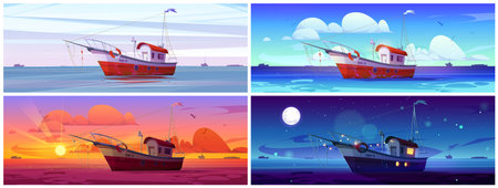 Fish trawler boat in sea vector marine background. Commercial fishery ship with lifebuoy in ocean water cartoon vector illustration. Adventure game for catching fish, day and night, morning and sunsetのイラスト素材