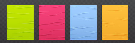 Texture of paper posters glued on wall. Mockup of paper stickers with wrinkles and folds isolated on transparent background. Crumpled colored A4 banners, vector realistic setのイラスト素材