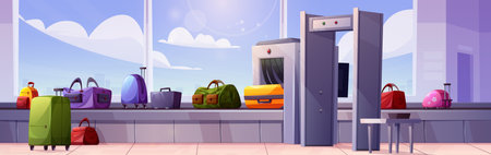 Baggage belt with suitcases and bags passing security control at airport. Vector cartoon illustration of travel luggage standing on carousel moving through x-ray scanner before flight departureのイラスト素材