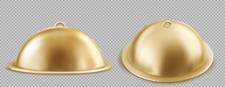 3d isolated luxury gold food tray. Dinner plate lid cover for dish in restaurant vector. Realistic closed metal platter dome for breakfast meal. Waiter service and serving equipment with hidden lunch.のイラスト素材