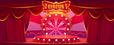 Cartoon circus stage vector background. Carnival arena with red vintage theater curtain. Cirque show round scene festival illustration. Empty marquee podium. Festive theatre platform with neon light.のイラスト素材