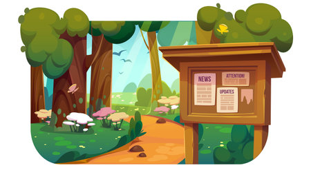 Cartoon summer park with announcement board. Vector illustration of beautiful public garden with footpath between trees, green grass, blooming flowers, butterflies and birds flying. Web banner designのイラスト素材