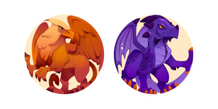 Griffin and dragon cartoon vector icon set. Gryphon beast game character illustration on round background. Medieval fantasy animal with claw for profile avatar. Mythical creature clipart collectionのイラスト素材