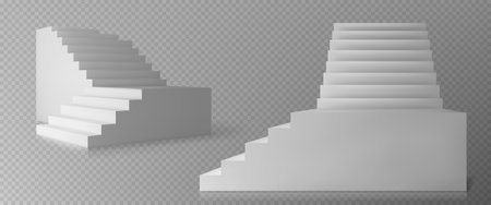White isolated 3d vector staircase transparent background. Ladder illustration for interior design front view. Stage with step to growth. Modern creative podium construction mockup with shadow.のイラスト素材
