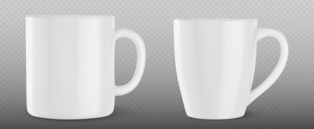 White cup mockup template design. 3d tea or coffee porcelain mug with handle vector mock up. Realistic side view office teacup illustration for corporate branding or advertising with reflection.のイラスト素材