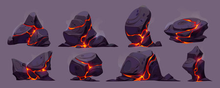 Lava rock with crack and light texture vector volcano set. Fire and magma in broken stone effect with glow game illustration. Black coal object construction for hell geology background.のイラスト素材