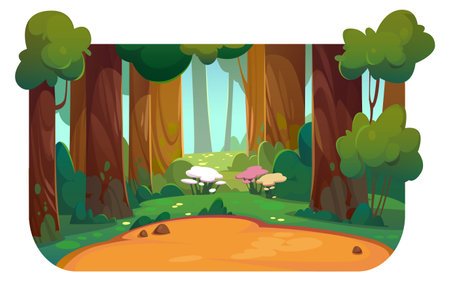 Cartoon summer park, forest glade. isolated on white Vector illustration of beautiful public garden with footpath between trees, green grass, blooming flowers. Web banner designのイラスト素材