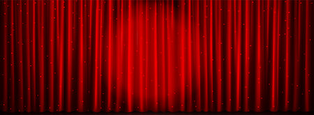 Red theater curtain background with spotlight. Light on luxury closed velvet fabric in cinema or show scene vector. Grand ceremony presentation with theatrical blank drape cloth illustration.のイラスト素材