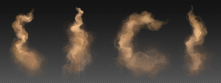 Realistic set of yellow powder clouds isolated on transparent background. Vector illustration of sand swirls, abstract curve, spiral smoke trail sparkling with particles. Cinnamon splash. Dust stormのイラスト素材