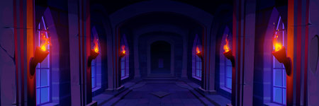 Night medieval stone castle cartoon game background. Mystic dungeon interior with floor, wall, window and fire torch. Fantasy palace corridor perspective view with symmetry inside design to explore.のイラスト素材