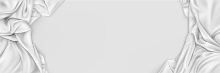 Realistic abstract white silk background. Vector illustration of banner template with satin fabric frame, smooth drapery surface. Valentines Day sale, discounts announcement. Romantic bedding materialのイラスト素材