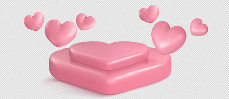 Realistic pink podium with hearts flying around isolated on transparent background. Vector illustration of platform in shape of love symbol. Product display mockup for sale presentation. Romantic giftのイラスト素材