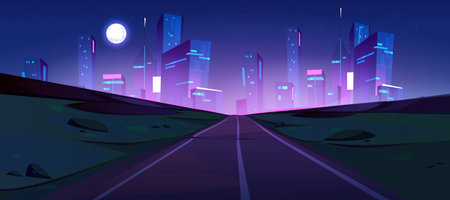 Night road to city vector background. Highway to futuristic street building with neon light. Front view on urban skyline cartoon illustration. Dark time purple downtown architecture and speedwayのイラスト素材