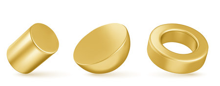 Realistic 3D set of golden geometric figures isolated on transparent background. Vector illustration of abstract cylinder, hemisphere and ring with shiny metal surface. Futuristic design elementのイラスト素材
