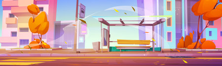 Autumn wind on street bus stop on road vector background. Day light in town cartoon illustration. Empty pavement near transport station with falling leaves outdoor. Panoramic fall cityscapeのイラスト素材