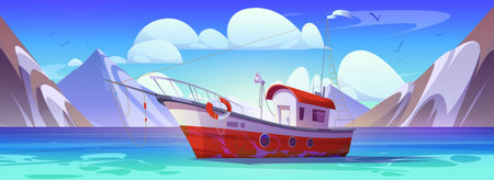 Fisher boat in sea vector cartoon illustration scene. Lake nature with vessel catching fish process marine background. Beautiful calm nautical northern horizon view with mountain ridge peak.のイラスト素材
