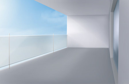 3d glass balcony with window to home living room, office or hotel room. Empty house terrace with glass railing and view of blue sky, vector realistic illustrationのイラスト素材