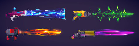 Magic game space gun with laser beam comic vector effect. Weapon lightning energy shot for alien. Power ray attack blaster with water and plasma shoot set. Isolated futuristic scifi pistol collectionのイラスト素材