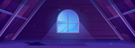 Night abandoned attic broken room interior vector background. Cartoon dark loft inside building with window and moonlight sparkles beam through glass. Hole on floor and wooden wall on desolate mansardのイラスト素材