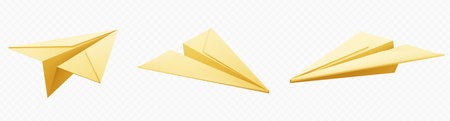 Realistic 3d yellow paper plane isolated vector. Origami airplane model flying icon on transparent background. Send email letter concept. Symbol success in business. Sent message illustrationのイラスト素材