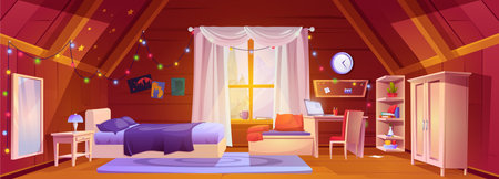 Attic girl bedroom interior with desk cartoon background. Teenage student room with bed and mirror. Girly modern student workspace on mansard. Cockloft apartment with garland and forest view in windowのイラスト素材