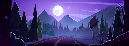 Night road in forest cartoon illustration. Full moon light with sparkles and mountain vector landscape scene. Empty dark purple nature pine tree silhouette and highway outdoor horror panorama.のイラスト素材