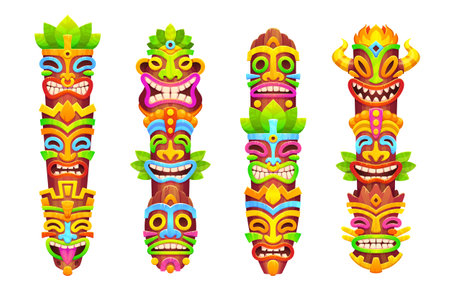 Hawaiian tribal totems with tiki masks on poles. Polynesian god wooden statues, colored native african tikki masks isolated on white background, vector cartoon setのイラスト素材